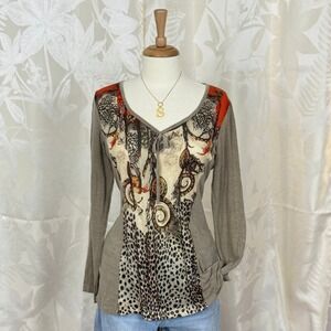 Y2K TEMPO PARIS Women's Long Sleeve Graphic Print Tie Neck Top Size M